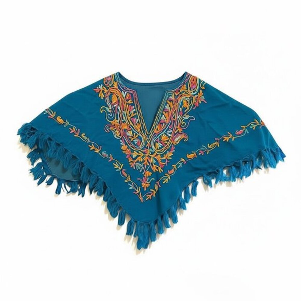 Boho Embroidered Teal Fringe Kids‎ Poncho Cape Mexican Style